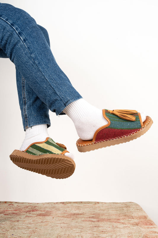 Ethnic Woman Open Toe Slipper Crafted From Handmade Kilim and Real Leather Size 6.5 -  Base Width:  8.5 cm - Base Length: 24 cm - Heel:  2 cm
