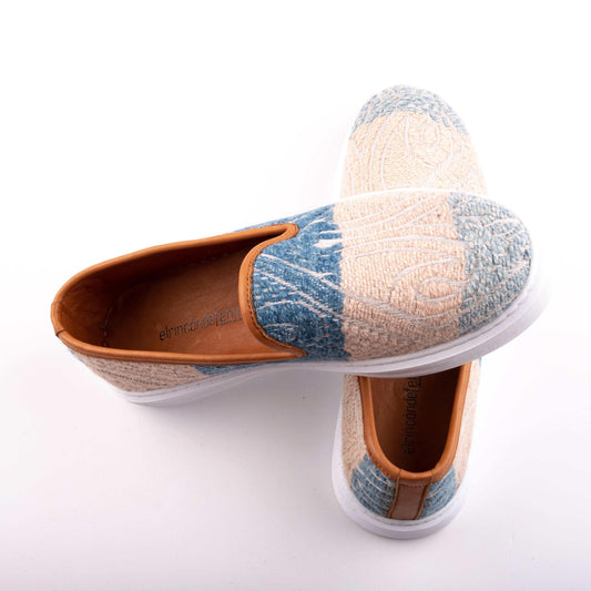 Ethnic Woman Slip-On Shoes Crafted From Handmade Kilim and Real Leather Size 10.5 - Base Width: 9.5 cm - Base Length: 29.5 cm