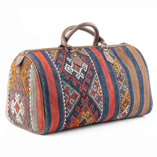 Handmade Kilim Real Leather Unique Travel Bag Leather Strap Zipper Closure Lined