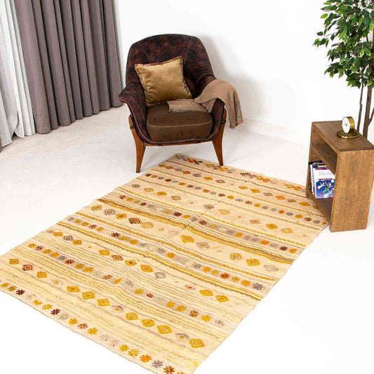 Oriental Kilim Anatolian Handmade Wool On Wool 152 X 202 Cm - 5' X 6' 8'' Yellow C006 ER12
