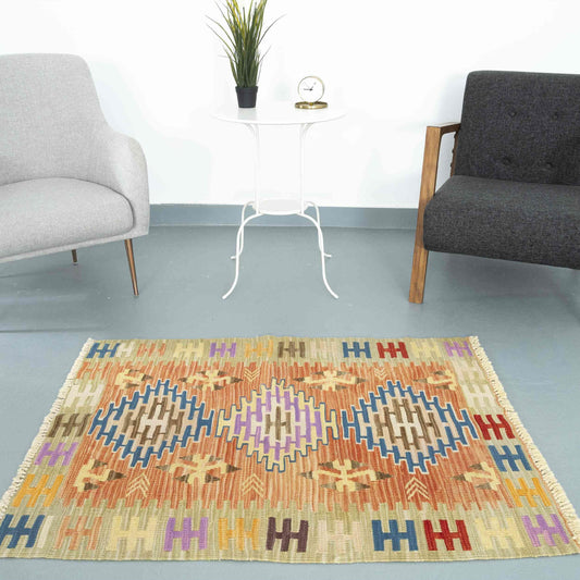 Oriental Kilim Anatolian Handmade Wool On Wool 97 X 126 Cm - 3' 3'' X 4' 2'' Orange C011 ER01