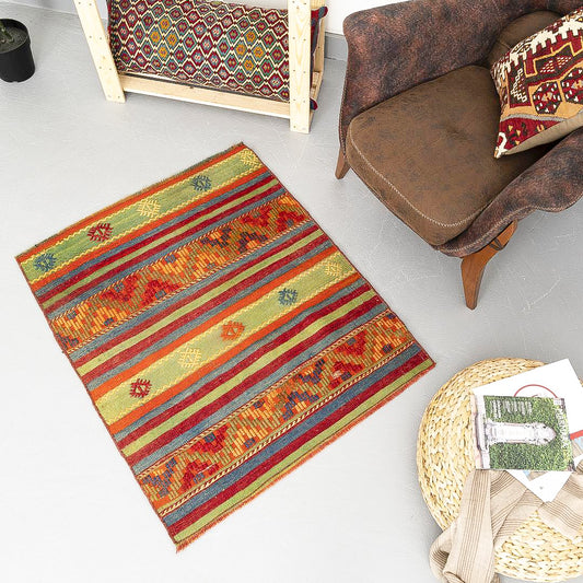 Oriental Kilim Anatolian Handmade Wool On Wool 85 X 106 Cm - 2' 10'' X 3' 6'' Red C014 ER01
