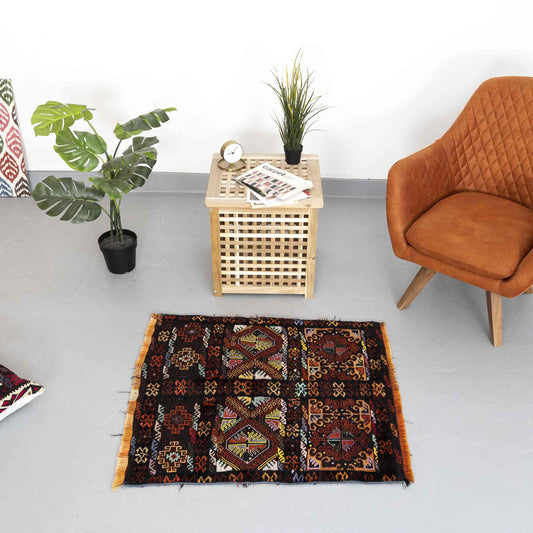 Oriental Kilim Anatolian Handmade Wool On Wool 90 X 110 Cm - 3' X 3' 8'' Black C002 ER01