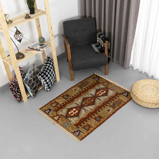 Oriental Kilim Anatolian Handmade Wool On Wool  90 x 125 Cm - 3' x 4' 2'' Brown C005 ER01