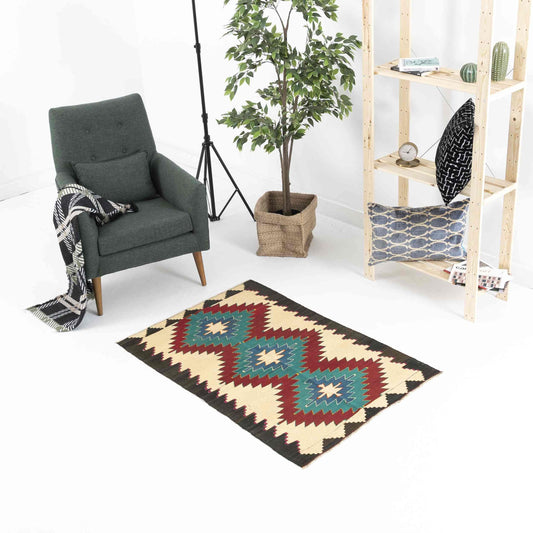 Oriental Kilim Anatolian Handmade Wool On Wool 93 X 138 Cm - 3' 1'' X 4' 7'' Turquoise C019 ER01