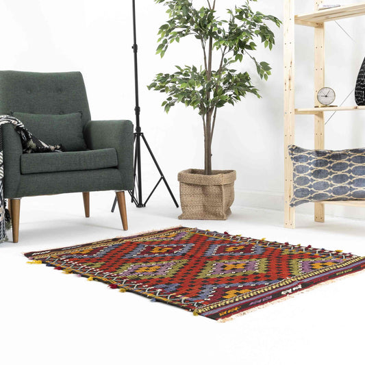 Oriental Kilim Cicim Handmade Wool On Wool 103 X 120 Cm - 3' 5'' X 4' Multicolor C016 ER01