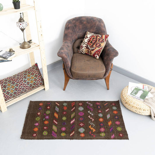 Oriental Kilim Cicim Handmade Wool On Wool 67 X 120 Cm - 2' 3'' X 4' Brown C005 ER01