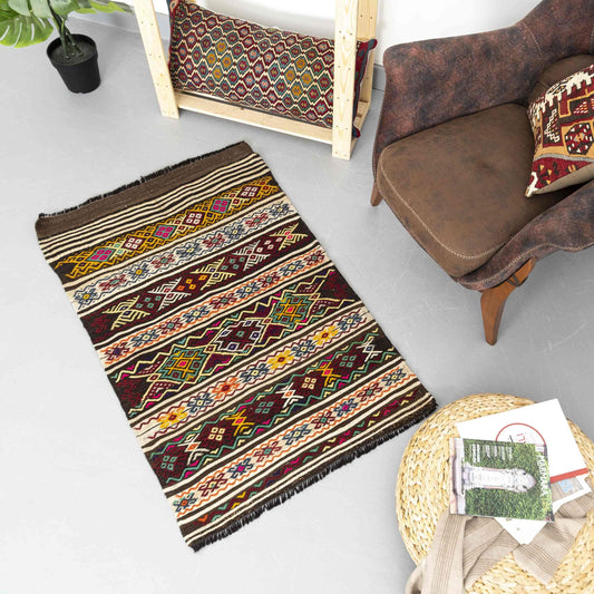Oriental Kilim Cicim Handmade Wool On Wool 80 X 124 Cm - 2' 8'' X 4' 1'' Multicolor C016 ER01
