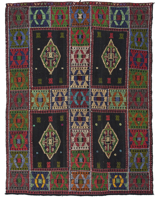 Oriental Kilim Cicim Handmade Wool On Wool 133 X 177 Cm - 4' 5'' X 5' 10'' Black C002 ER01