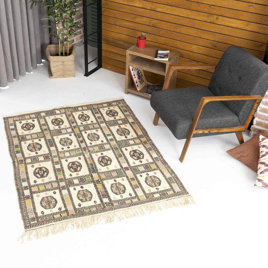 Oriental Kilim Cicim Handmade Wool On Wool 134 X 165 Cm - 4' 5'' X 5' 5'' Sand C007 ER01