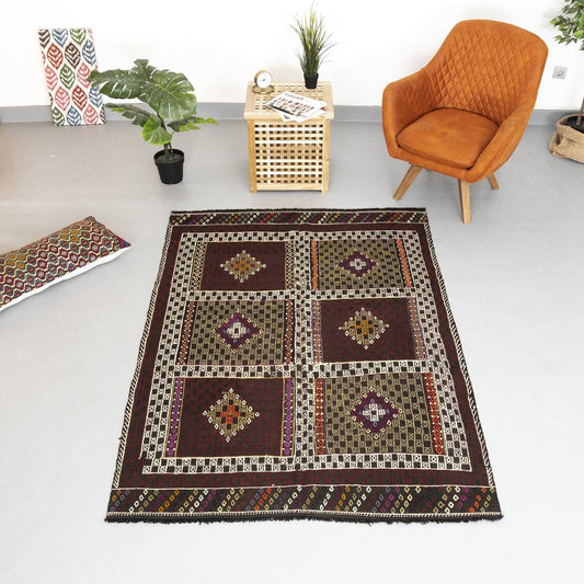 Oriental Kilim Cicim Handmade Wool On Wool 146 X 209 Cm - 4' 10'' X 6' 11'' Burgundy C021 ER12