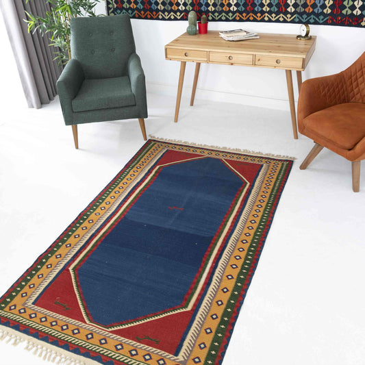 Oriental Kilim Konya Handmade Wool On Wool 132 x 210 Cm - 4' 4'' x 6' 11'' Navy Blue C012 ER12