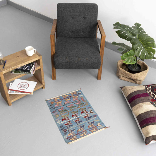 Oriental Kilim Konya Handmade Wool On Wool 49 x 64 Cm - 1' 8'' x 2' 2'' Blue C010 ER01