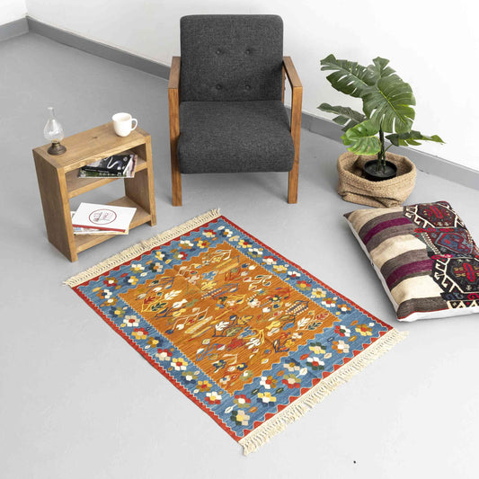 Oriental Kilim Konya Handmade Wool On Wool 92 x 118 Cm - 3' 1'' x 3' 11'' Orange C011 ER01