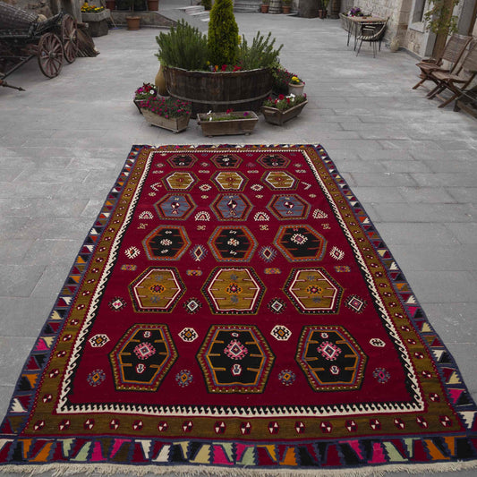 Oriental Kilim Sarkshla Handmade Wool On Wool 225 x 346 Cm - 7' 5'' x 11' 5'' Red C014 ER23