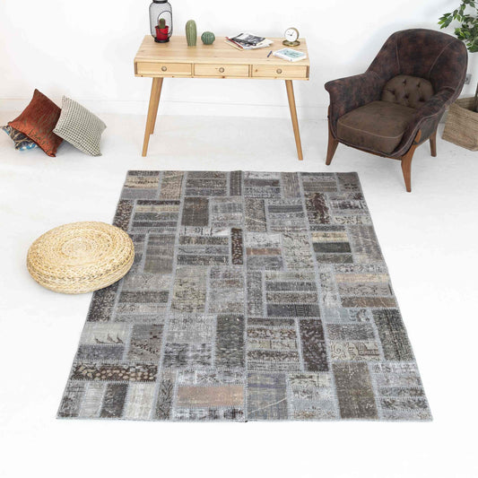 Oriental Rug Patchwork Hand Knotted Wool On Wool 170 x 240 Cm - 5' 7'' x 7' 11'' Grey C008 ER12