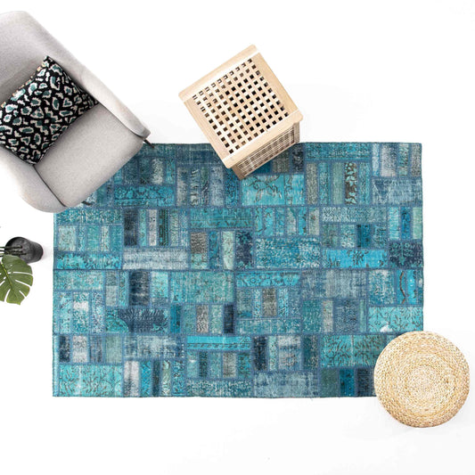 Oriental Rug Patchwork Hand Knotted Wool On Wool 170 x 240 Cm - 5' 7'' x 7' 11'' Turquoise C019 ER12