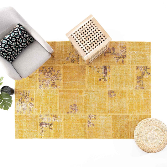 Oriental Rug Patchwork Hand Knotted Wool On Wool 172 x 242 Cm - 5' 8'' x 8' Yellow C006 ER12