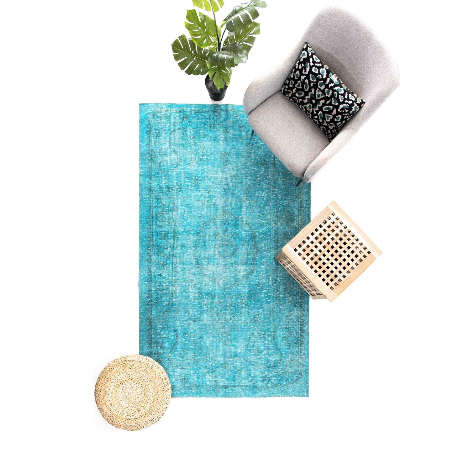 Oriental Rug Vintage Hand Knotted Wool On Cotton 139 x 239 Cm - 4' 7'' x 7' 11'' Turquoise C019 ER12