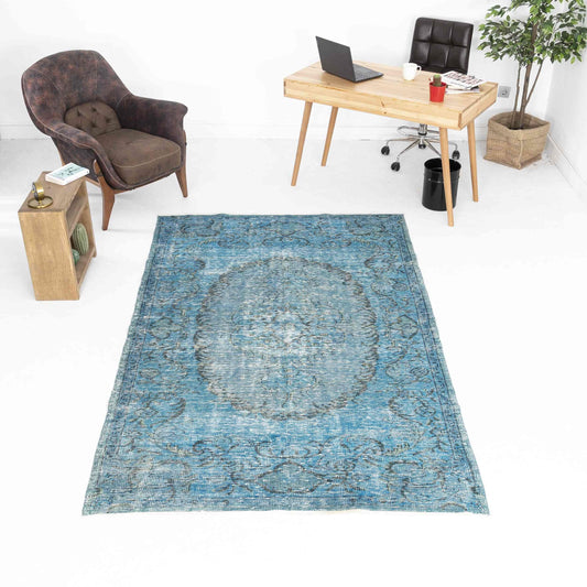 Oriental Rug Vintage Hand Knotted Wool On Cotton 157 x 255 Cm - 5' 2'' x 8' 5'' Turquoise C019 ER12