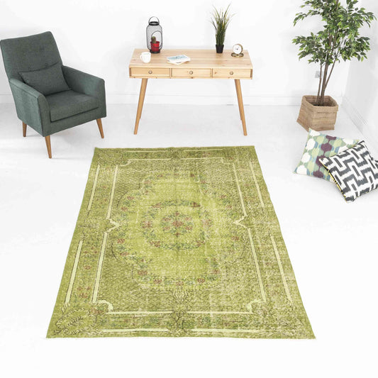 Oriental Rug Vintage Hand Knotted Wool On Cotton 160 x 245 Cm - 5' 3'' x 8' 1'' Green C001 ER12