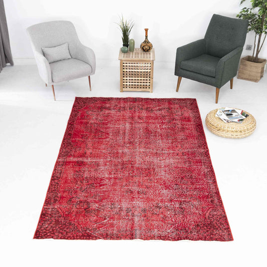 Oriental Rug Vintage Hand Knotted Wool On Cotton 163 x 269 Cm - 5' 5'' x 8' 10'' Red C014 ER12