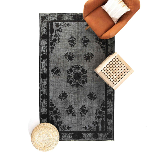 Oriental Rug Vintage Hand Knotted Wool On Cotton 164 x 282 Cm - 5' 5'' x 9' 4'' Black C002 ER12