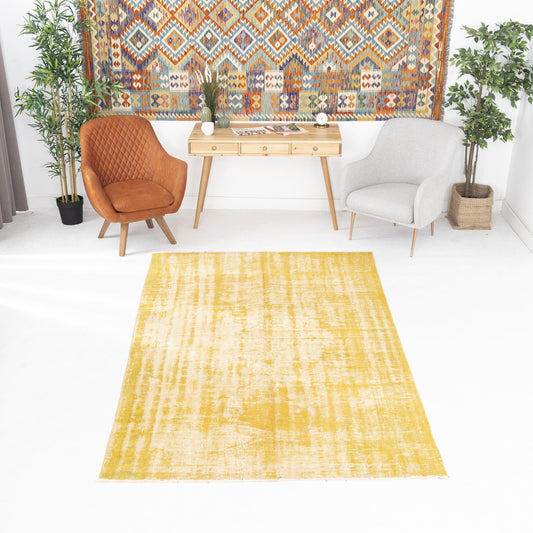 Oriental Rug Vintage Hand Knotted Wool On Cotton 165 x 269 Cm - 5' 5'' x 8' 10'' Yellow C006 ER12