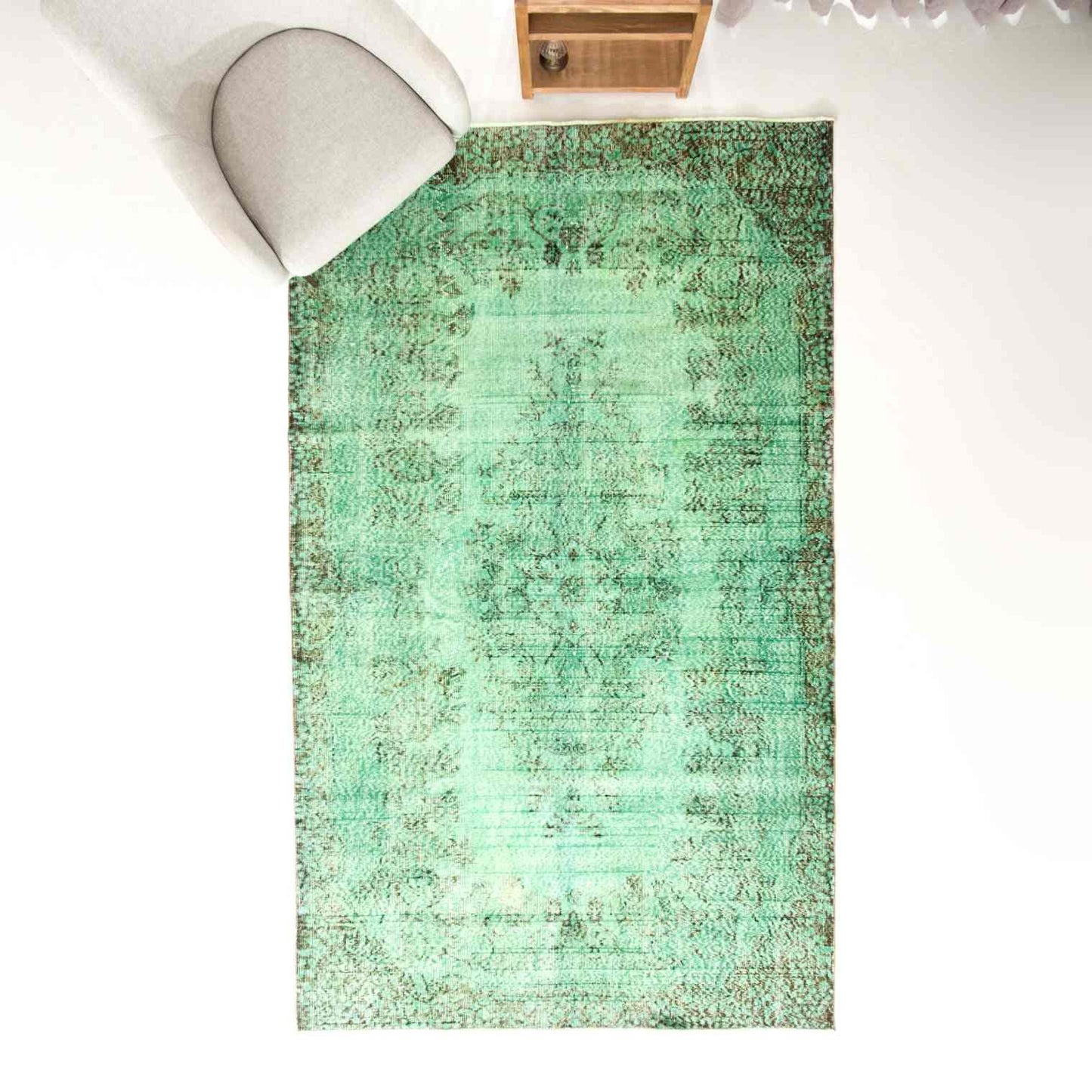 Oriental Rug Vintage Hand Knotted Wool On Cotton 168 x 279 Cm - 5' 7'' x 9' 2'' Green C001 ER12