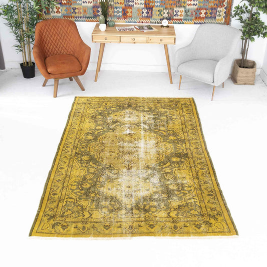 Oriental Rug Vintage Hand Knotted Wool On Cotton 169 x 266 Cm - 5' 7'' x 8' 9'' Yellow C006 ER12