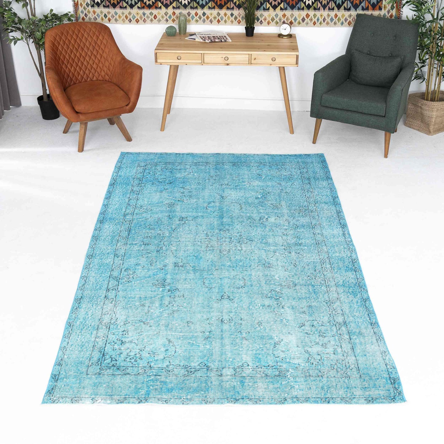 Oriental Rug Vintage Hand Knotted Wool On Cotton 171 x 270 Cm - 5' 8'' x 8' 11'' Turquoise C019 ER12