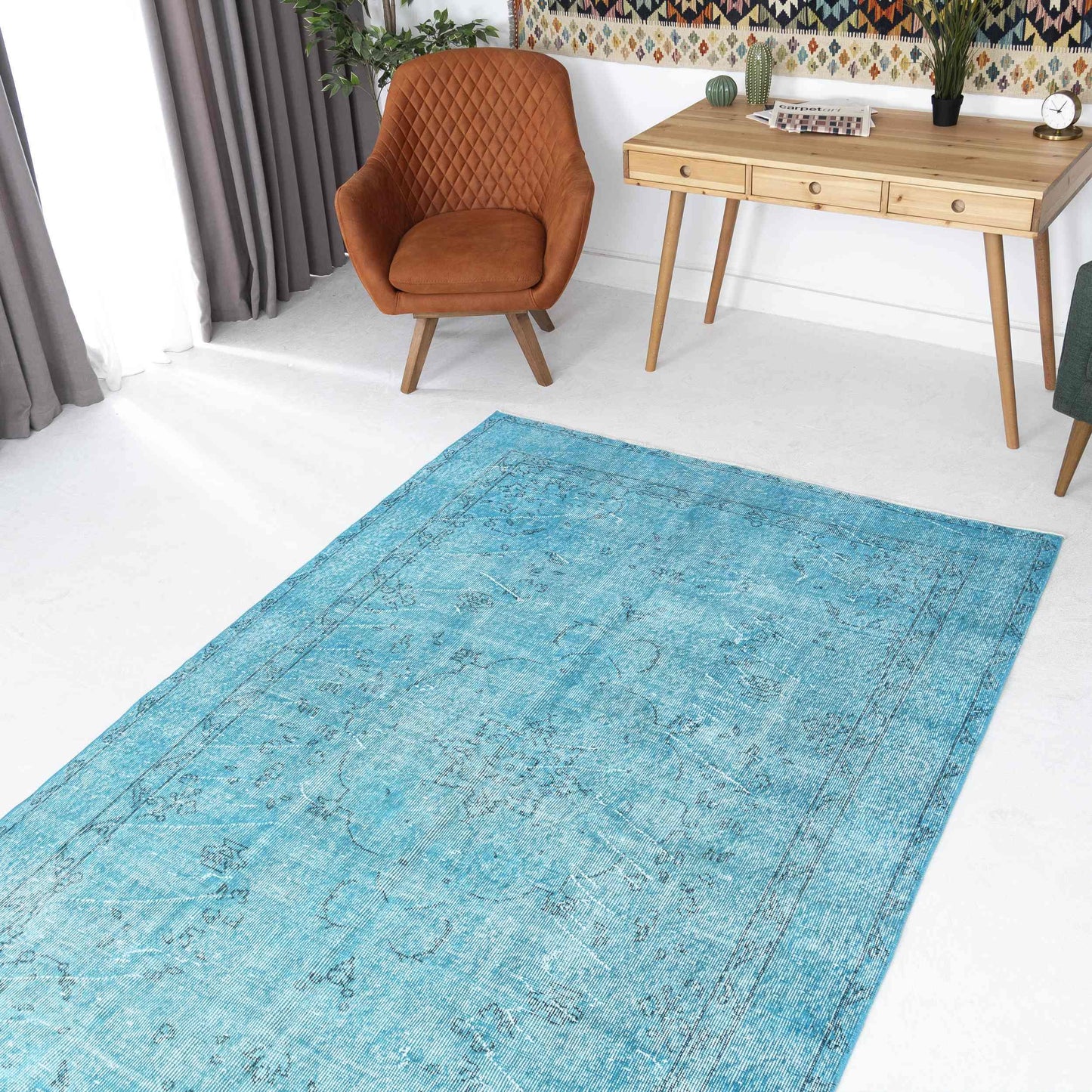 Oriental Rug Vintage Hand Knotted Wool On Cotton 171 x 270 Cm - 5' 8'' x 8' 11'' Turquoise C019 ER12
