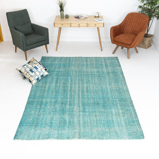 Oriental Rug Vintage Hand Knotted Wool On Cotton 187 x 276 Cm - 6' 2'' x 9' 1'' Green C003 ER12