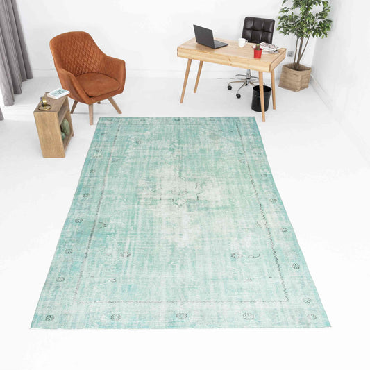 Oriental Rug Vintage Hand Knotted Wool On Cotton 193 x 305 Cm - 6' 4'' x 10' 1'' Green C015 ER23