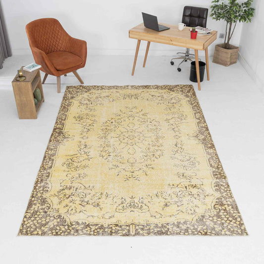 Oriental Rug Vintage Hand Knotted Wool On Cotton 197 x 302 Cm - 6' 6'' x 9' 11'' Yellow C006 ER23