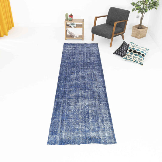 Oriental Rug Vintage Hand Knotted Wool On Cotton 95 x 340 Cm - 3' 2'' x 11' 2'' Navy Blue C012 ER12