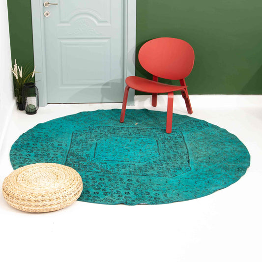 Oriental Round Rug Vintage Hand Knotted Wool On Wool 200 X 200 Cm - 6' 7'' X 6' 7'' Turquosie C019 ER12