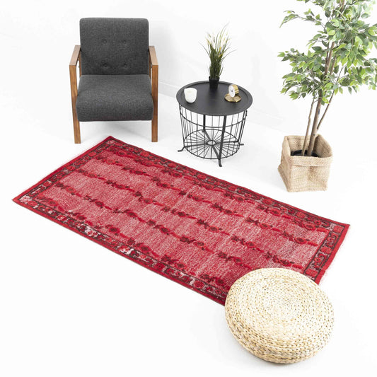 Oriental Rug Vintage Handmade Wool On Cotton 107 x 210 Cm - 3' 7'' x 6' 11'' Red C014 ER01