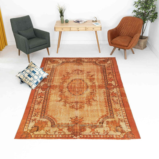 Oriental Rug Vintage Handmade Wool On Cotton 188 x 287 Cm - 6' 3''x 9' 5'' Orange C011 ER12