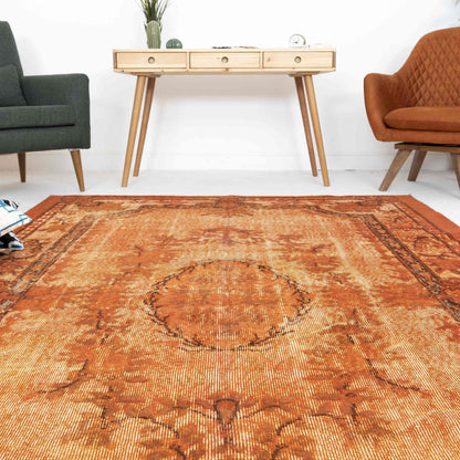Oriental Rug Vintage Handmade Wool On Cotton 188 x 287 Cm - 6' 3''x 9' 5'' Orange C011 ER12