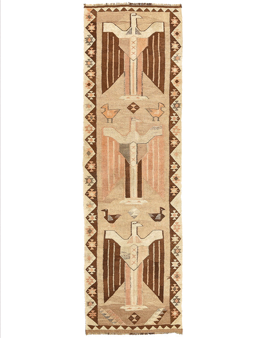 Oriental Turkish Runner Kilim Handmade Wool On Wool Anatolian 349 X 103 Cm - 11' 6'' X 3' 5''Sand C007